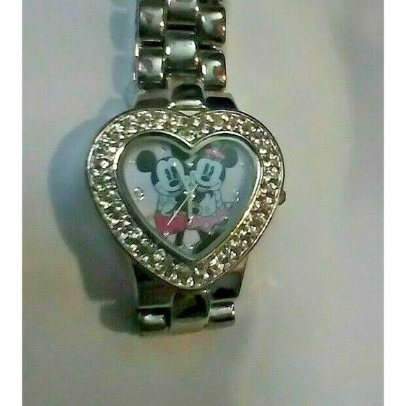Disney Mickey Minnie Mouse Bracelet Watch Heart Crystals Silver tone NEW Battery - Picture 2 of 6